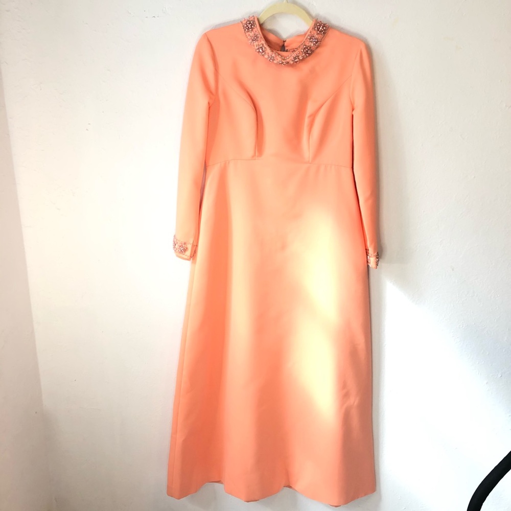 Long evening gown dress modest style peach pink